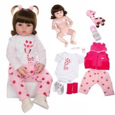 Boneca Reborn Real Cabelo Roupa Rosa Silicone Completa - Cegonha Rebor