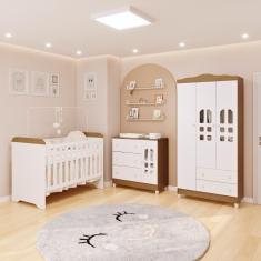 Quarto de Bebê Guarda Roupa 3 Portas Cômoda com Fraldário Berço 3 em 1 Gabrielle Branco com Bétula Carolina Baby