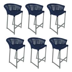 Kit 6 Banquetas Reis em Corda Náutica e Base em Alumínio Cinza para Área Gourmet  Azul Marinho
