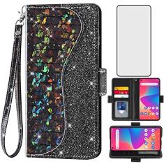 Asuwish Capa de telefone para BLU G91/V91 capa carteira com protetor de tela de vidro temperado e alça de pulso flip porta-cartão de crédito Bling Glitter suporte acessórios para celular azul G 91