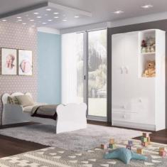 Quarto Infantil 4 Peças com Cama Roupeiro Cômoda e Nicho Docinho Móvei
