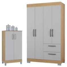 Guarda Roupa Solteiro Tóquio 4 Portas Com Armário Multiuso 2 Portas Pequeno Damasco Off White - Poquema