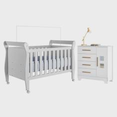 Quarto de Bebê com Berço Mini Cama 100% Mdf Slim e Cômoda 4 Gavetas 1 Porta Fly 100% Mdf Branco