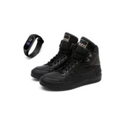 Tenis Feminino Botinha Treino Academia Fitness Couro + Relógio-Feminino