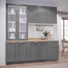 Cozinha Modulada Compacta 4 Peças com Armário Aéreo 2 Portas Vidro Arizona CabeCasa MadeiraMadeira Branco/Cinza Claro