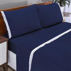 Jogo Lençol Casal King Microfibra Lese 04 Peças Azul Marinho