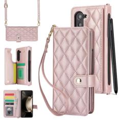 Capa de couro crossbody com slot para caneta para Samsung Galaxy Z Fold 5 4 Fold5 Fold4 Fold3 Alça de pulso Capa carteira para cartão, ouro rosa, para Galaxy Z Fold3