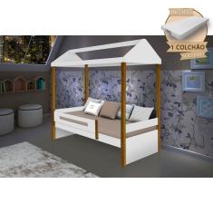 Cama Montessoriana Infantil Sara Solteiro com Colchão Divaloto - Branco/amêndoa