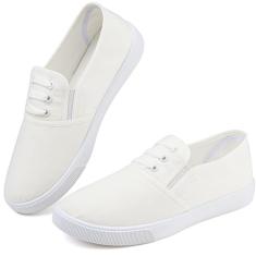 Tênis feminino de lona branco leve com cadarço moderno confortável sapatos de lona cano baixo sem cadarço casual tênis caminhada calçados femininos, Sem cadarço branco, 35