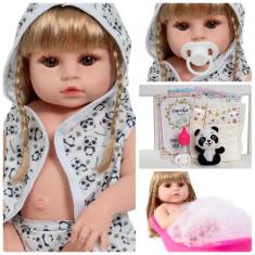 Boneca Reborn Morena Roupão Panda Com Kit 13 Acessórios - Cegonha Rebo