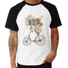 Camiseta Raglan Bicicleta e Livros - Foca na Moda, Branco, Preto, P