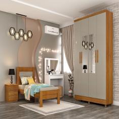 Guarda Roupa Solteiro 4 Portas 2 Gavetas Com Pés E Espelho Amsterdam Tcil Móveis Cinamomo/Off White