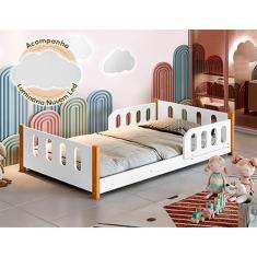 Cama Infantil Juvenil Camila Com Grade De Proteção Branca + Luminária Led - Cor: Branco