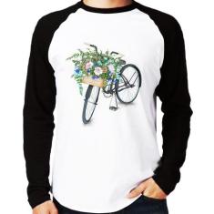 Camiseta Raglan Bicicleta Cesto De Flores Manga Longa - Foca Na Moda