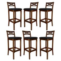 Kit 6 Banquetas Média Estofada para Bancada Madri Madeira Castanho Suede Preto CCS