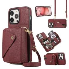 Capa de couro com cordão crossbody para iPhone 15 Pro Max 13 12 11 14 Plus XR XS 7 8 SE 2022 Cartões Solt Carteira Bolsa Capa de bolso, Vinho DF08, para iPhone X orXS