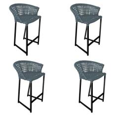 Kit 4 Banquetas Reis em Corda Náutica e Base em Alumínio Preta para Ár