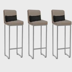Kit 03 Banqueta Alta com Encosto Lucca Industrial Cozinha Balcão Ferro Cinza Corino Bege e Almofada Preto - Ahazzo Móveis