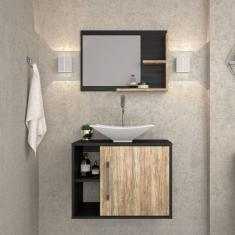 Conjunto para Banheiro Gabinete com Cuba Folha L38 e Espelheira Laura 600 Yescasa Preto Ônix/Carvalho