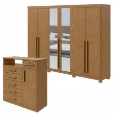Conjunto de Guarda-Roupa 6 Portas com Espelho e Pés Bertha com Cômoda Da Vinci Amêndoa Clean
