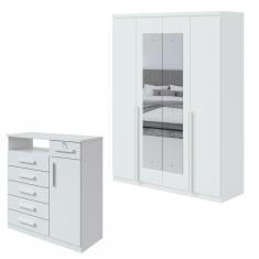 Conjunto de Guarda-Roupa Alonzo com espelho e Cômoda Da Vinci com Nicho Branco