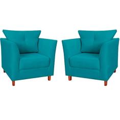 Kit 02 Poltronas Decorativa Isis Pés de Madeira Suede Azul Turquesa - DS Estofados