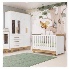 Quarto de Bebê com Berço e Guarda-roupa com Janelas 100% Mdf Retrô Kakau Espresso Móveis Branco Brilho/Amêndoa