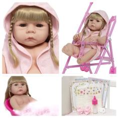 Boneca Reborn Realista Loira Saída De Banho Kit Carrinho - Cegonha Reb