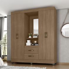Guarda Roupa Solteiro 4 Portas Carvalho Oak 2 Gavetas MDP com Espelho Casah