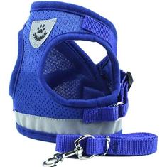 Colete refletivo respirável para cães de estimação ajustável colete de gatos com guia de caminhada conjunto de guia de controle fácil para caminhadas ao ar livre e passeios de carro, azul, G