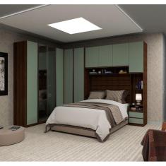 Guarda Roupa de Casal Canto com Vidro Reflecta Nogueira Dourado com Verde Jade Prime Luciane Móveis