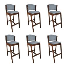 Kit 6 Banquetas Alta De Madeira Maciça Natural Premium Ana Com Encosto Linho Cinza