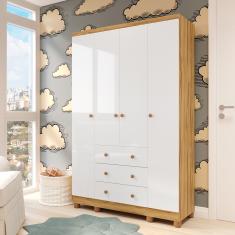 Guarda Roupa Infantil 4 Portas 3 Gavetas Junior New Móveis Peroba - Branco Brilho/Amendoa