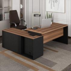 Mesa para Escritório em L Dinâmica com Armário Lateral Porta de Correr Marrom/Preto
