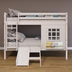 Beliche Infantil com Janela e Escorregador Madeira Maciça Branco Housin