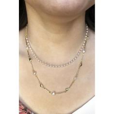 Colar Duplo Com Corrente De Pérola E Mini Corações Dourados Banhado Em Ouro 18k [F027]
