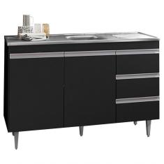 Balcão Gabinete Com Pia Inox 120Cm 2 Portas 3 Gavetas Andréia Preto Total - Ajl Móveis