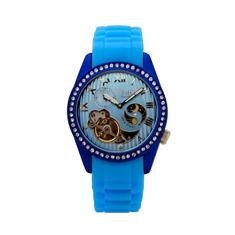 IME Relógio de pulso automático feminino com mostrador de números romanos de pedra tcheca com pulseira de silicone, Azul, Charmoso, elegante