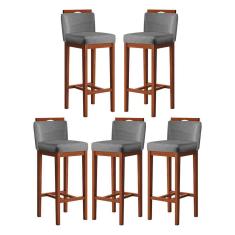 Kit 5 Banquetas Média para Bancada Gourmet 38x92 Cm Líbia Madeira Maciça Suede Cinza CCS