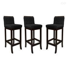 Kit 3 Banquetas Alta com Encosto Matelassê Nice Madeira Maciça Suede Preto CCS