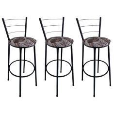 Kit 3 Banquetas Alta Preta com Encosto Assento Folhagem Marrom Jaddi