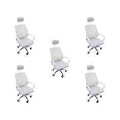 Kit 5 Cadeiras Escritório Diretor Tela Mesh Com Encosto De Cabeça Branco