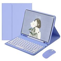 HENGHUI Mouse com teclado para Galaxy Tab S9 FE 27.7 cm/Tab S9 27.9 cm / Tab S8 27.9 cm / Tab S7 27.9 cm capa de teclado com mouse bonito redondo teclado colorido removível sem fio BT capa para