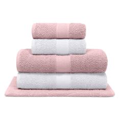 Jogo de Banho Bouton Natural Rosa/Branco 5Pçs(2 Toalhas de Banho + 2 Toalhas de Rosto + 1 Piso)