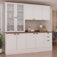 Cozinha Modulada Compacta 4 Peças com Armário Aéreo 2 Portas Vidro 100% Mdf com Tampo Branco/Tampo Ébano