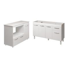 Balcão Armário Camila Cozinha Gabinete De Pia 140 Cm E Balcão Para Forno Elétrico E Microondas Lilian Branco