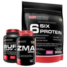 Kit Whey Protein 6 Six 900g + Zma + Pré treino Burn Caff - Bodybuilders-Unissex