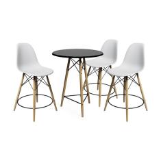 Conjunto Mesa Bistrô Eames Eiffel Preta com 3 Banquetas Brancas de Madeira