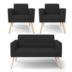 Sofá Namoradeira Com 2 Poltronas Pés Palito Natural Marisa Veludo Pret