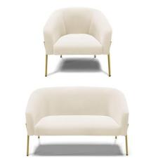Sofá Namoradeira E Poltrona Pé De Ferro Dourado Stella Veludo Bege D03